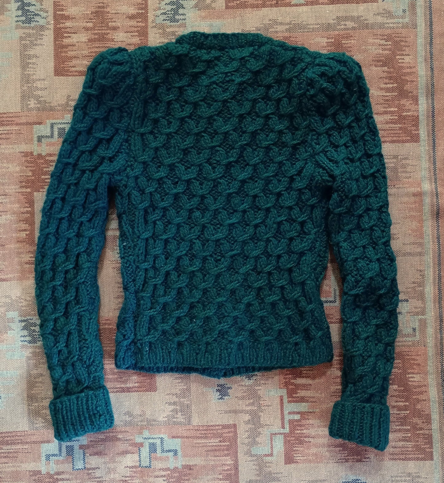 Reproduction 1940s Cardigan Hand Made Knitted Chunky Dark Green Wool UK S