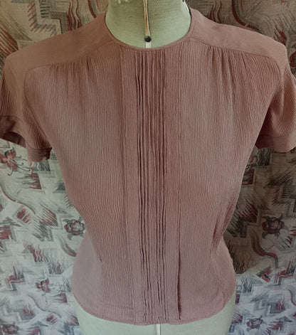 Original Vintage 1940s Blouse Crinkle Rayon Coffee Brown UK S