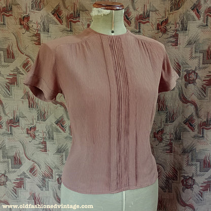 Original Vintage 1940s Blouse Crinkle Rayon Coffee Brown UK S