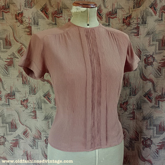 Original Vintage 1940s Blouse Crinkle Rayon Coffee Brown UK S