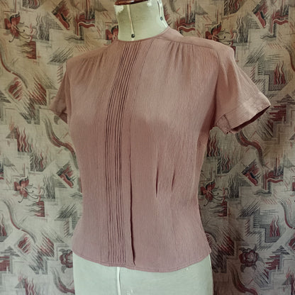 Original Vintage 1940s Blouse Crinkle Rayon Coffee Brown UK S