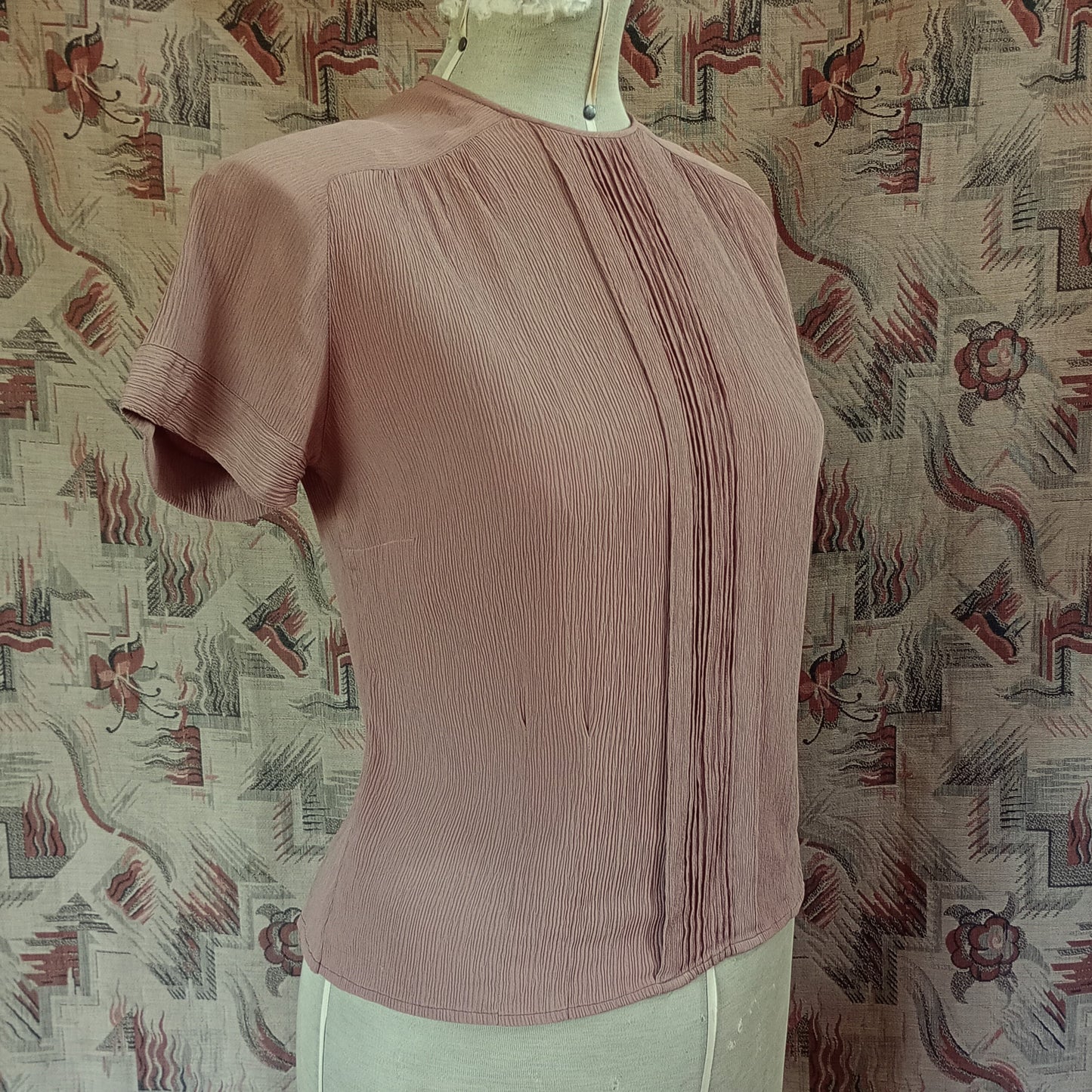 Original Vintage 1940s Blouse Crinkle Rayon Coffee Brown UK S