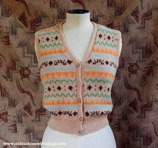 Vintage 1950s Hand Knitted Waistcoat Fair Isle Beige Sleeveless Cardigan Bust 30" Womens UK XXS