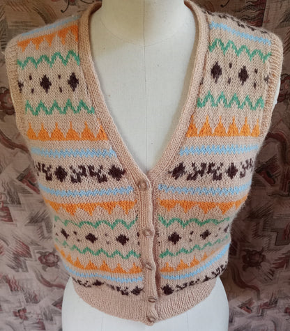 Vintage 1950s Hand Knitted Waistcoat Fair Isle Beige Sleeveless Cardigan Bust 30" Womens UK XXS