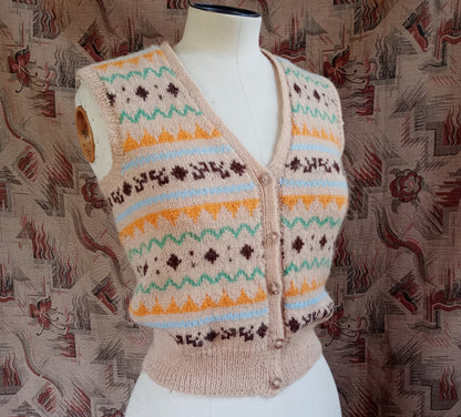 Vintage 1950s Hand Knitted Waistcoat Fair Isle Beige Sleeveless Cardigan Bust 30" Womens UK XXS