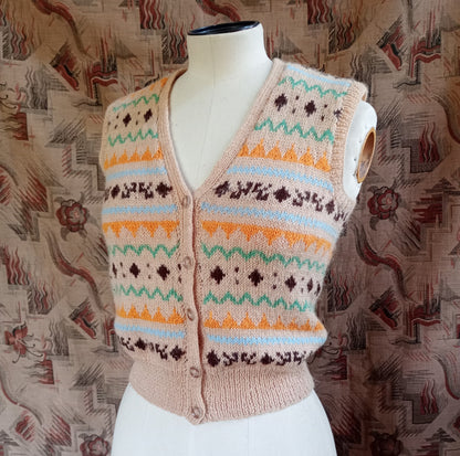 Vintage 1950s Hand Knitted Waistcoat Fair Isle Beige Sleeveless Cardigan Bust 30" Womens UK XXS