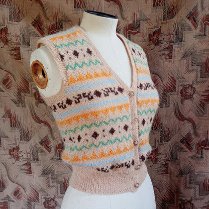 Vintage 1950s Hand Knitted Waistcoat Fair Isle Beige Sleeveless Cardigan Bust 30" Womens UK XXS