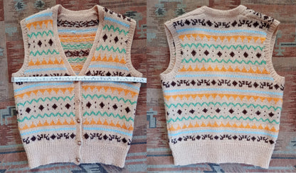 Vintage 1950s Hand Knitted Waistcoat Fair Isle Beige Sleeveless Cardigan Bust 30" Womens UK XXS
