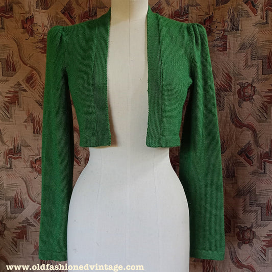 Reproduction 1940s Bolero Jacket Hand Made Knitted Green Merino Wool UK XS/S