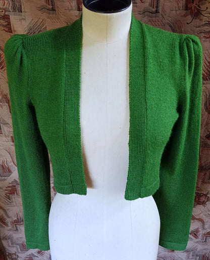 Reproduction 1940s Bolero Jacket Hand Made Knitted Green Merino Wool UK XS/S