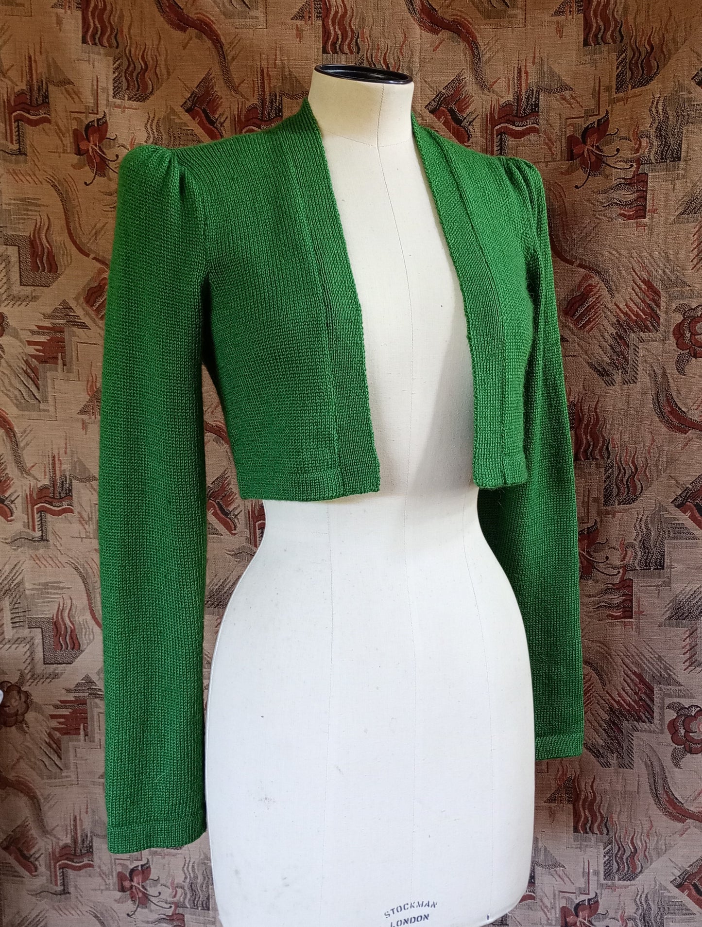 Reproduction 1940s Bolero Jacket Hand Made Knitted Green Merino Wool UK XS/S