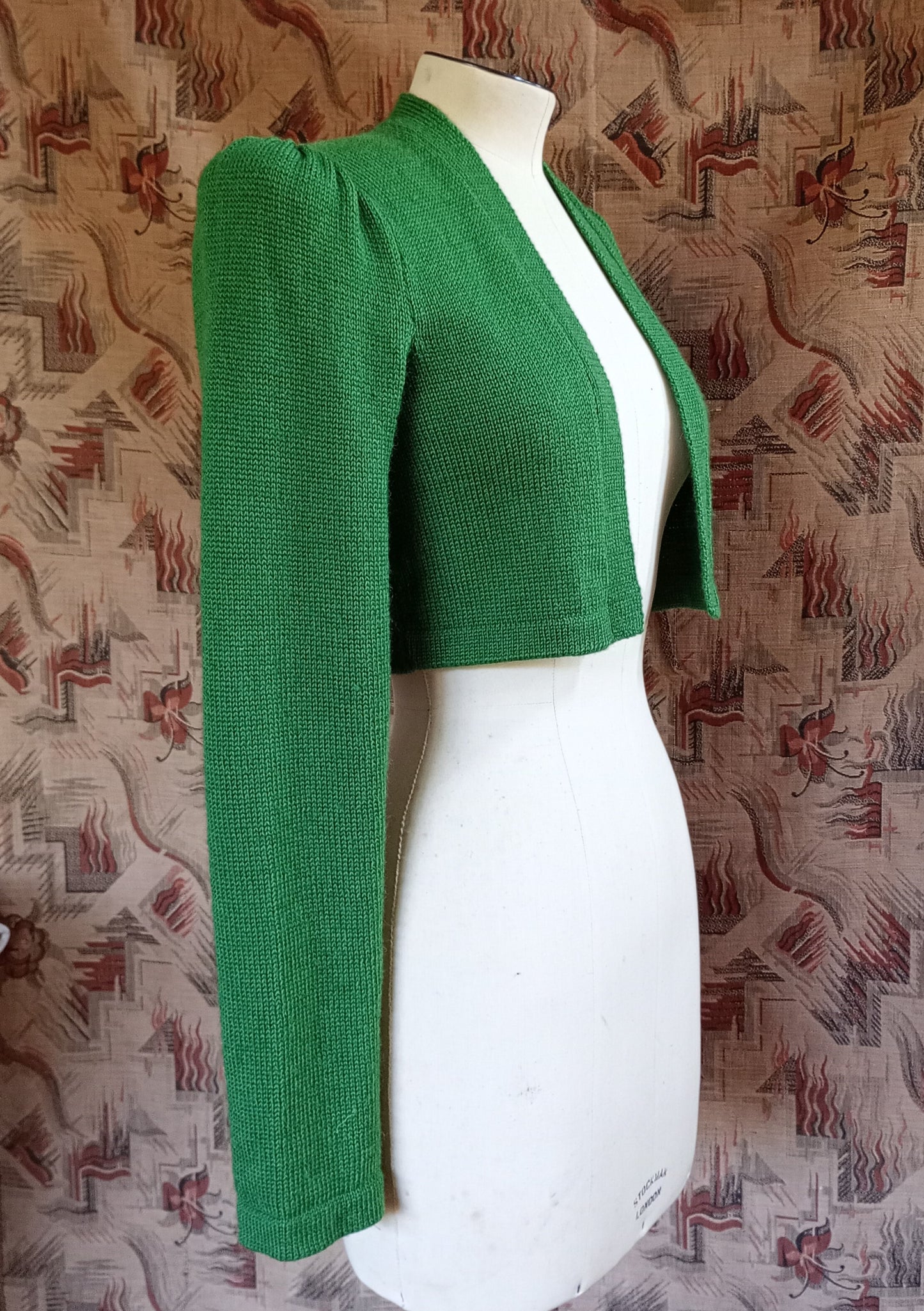 Reproduction 1940s Bolero Jacket Hand Made Knitted Green Merino Wool UK XS/S