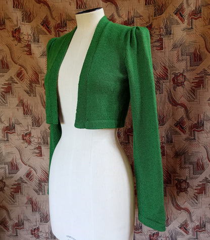 Reproduction 1940s Bolero Jacket Hand Made Knitted Green Merino Wool UK XS/S