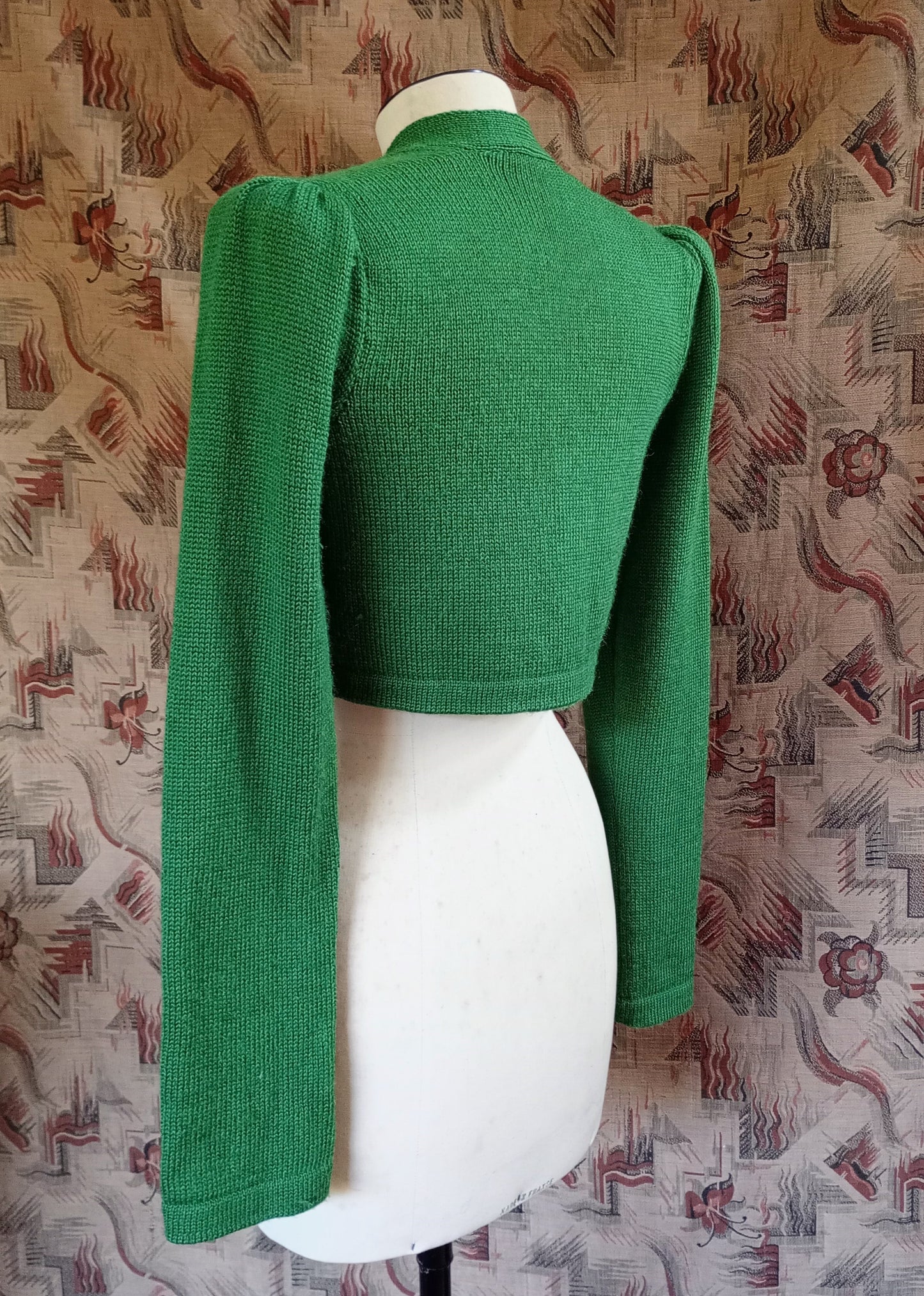 Reproduction 1940s Bolero Jacket Hand Made Knitted Green Merino Wool UK XS/S