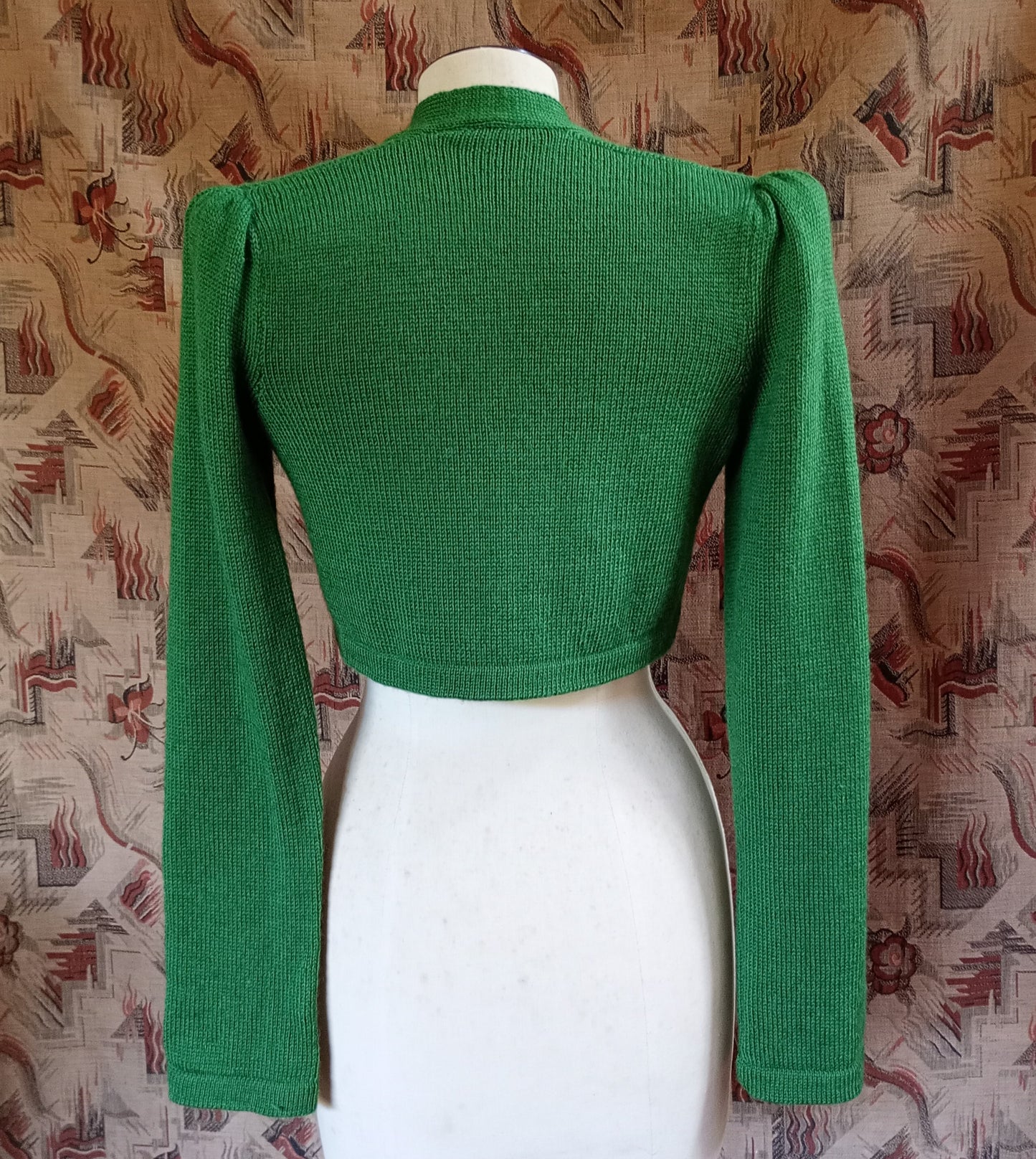 Reproduction 1940s Bolero Jacket Hand Made Knitted Green Merino Wool UK XS/S