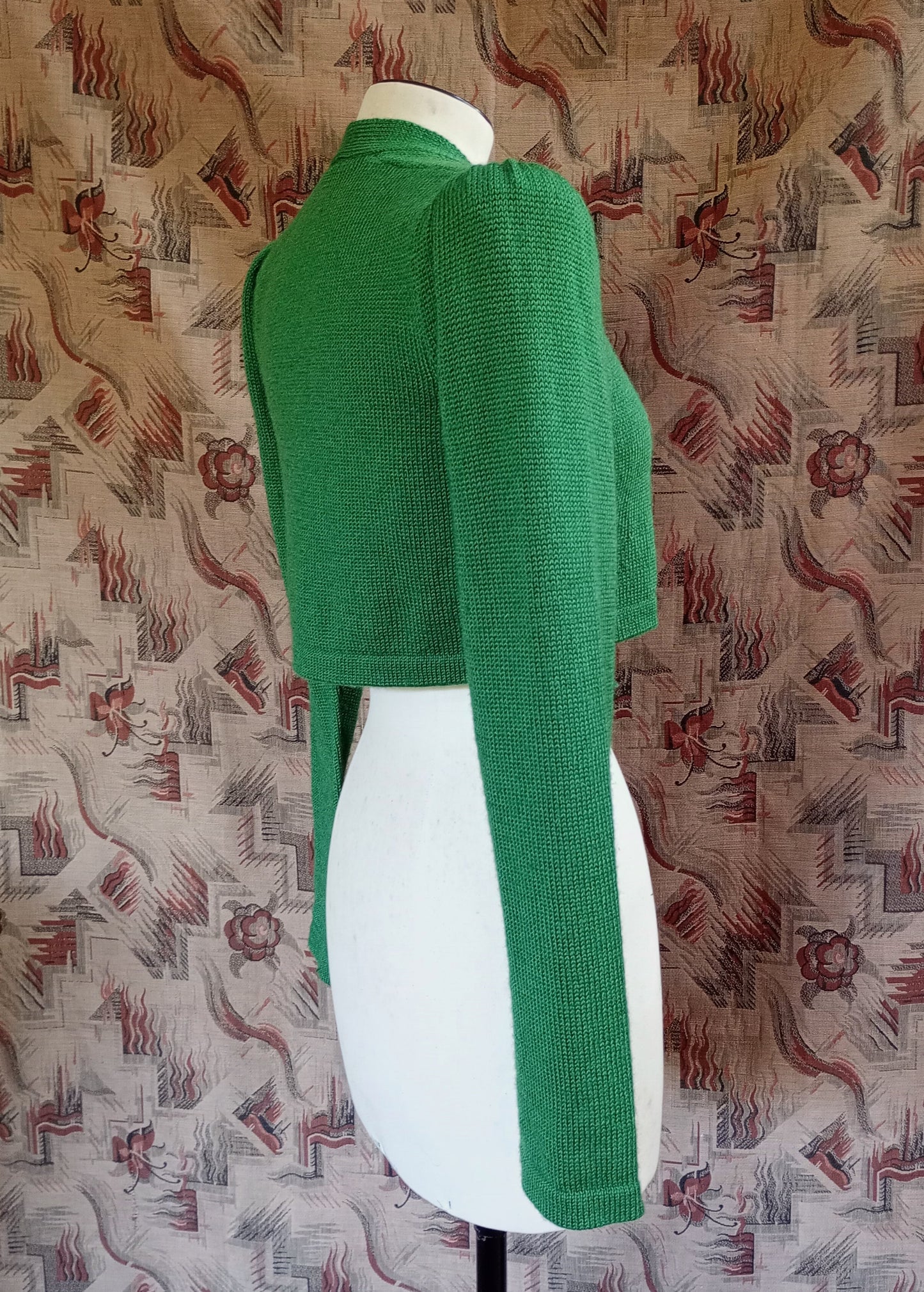 Reproduction 1940s Bolero Jacket Hand Made Knitted Green Merino Wool UK XS/S