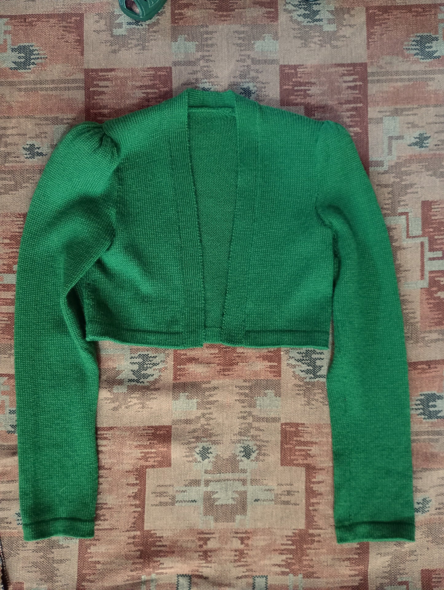 Reproduction 1940s Bolero Jacket Hand Made Knitted Green Merino Wool UK XS/S