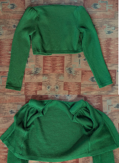 Reproduction 1940s Bolero Jacket Hand Made Knitted Green Merino Wool UK XS/S