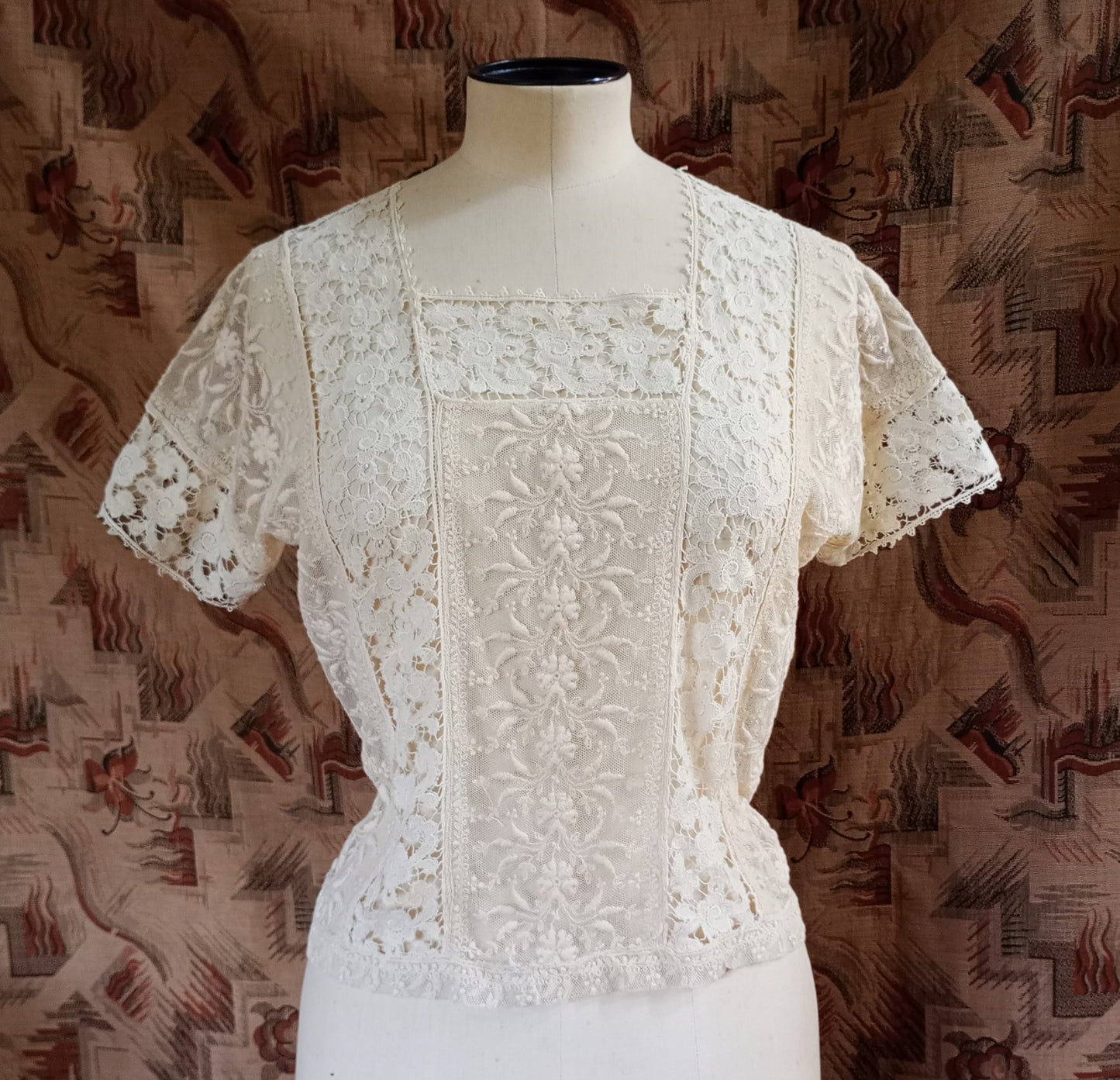 Vintage Edwardian Cream Blouse 1920s Short Sleeved Crochet Lace Top UK S