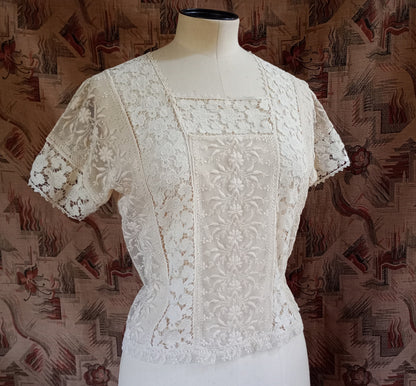 Vintage Edwardian Cream Blouse 1920s Short Sleeved Crochet Lace Top UK S