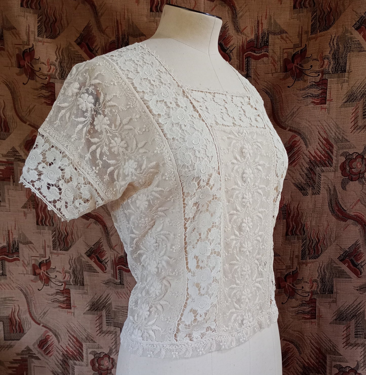 Vintage Edwardian Cream Blouse 1920s Short Sleeved Crochet Lace Top UK S