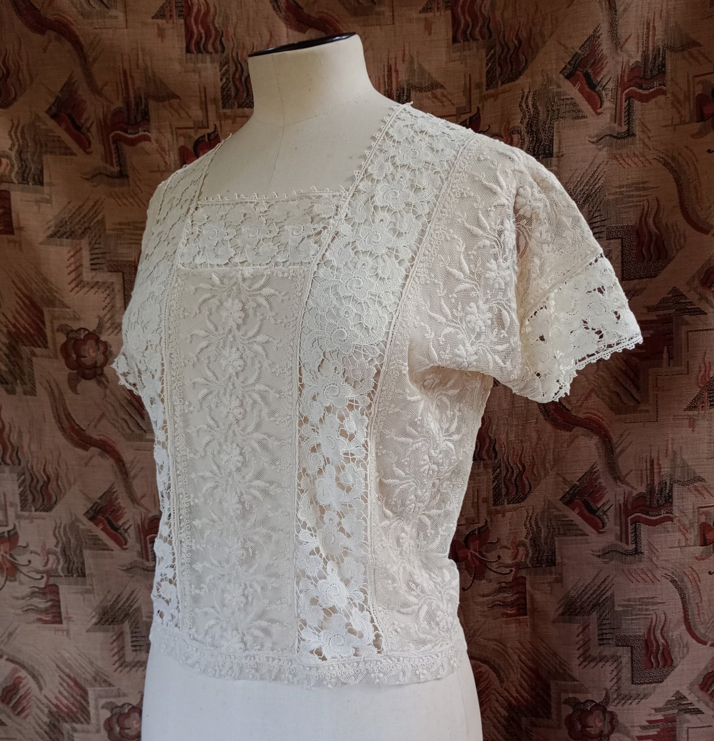 Vintage Edwardian Cream Blouse 1920s Short Sleeved Crochet Lace Top UK S