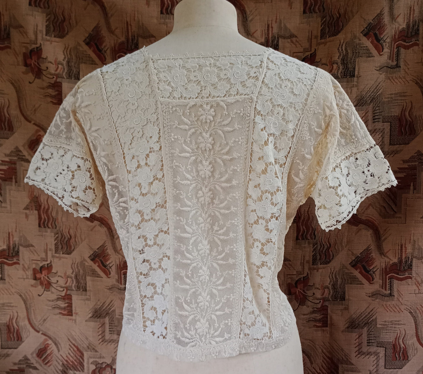 Vintage Edwardian Cream Blouse 1920s Short Sleeved Crochet Lace Top UK S