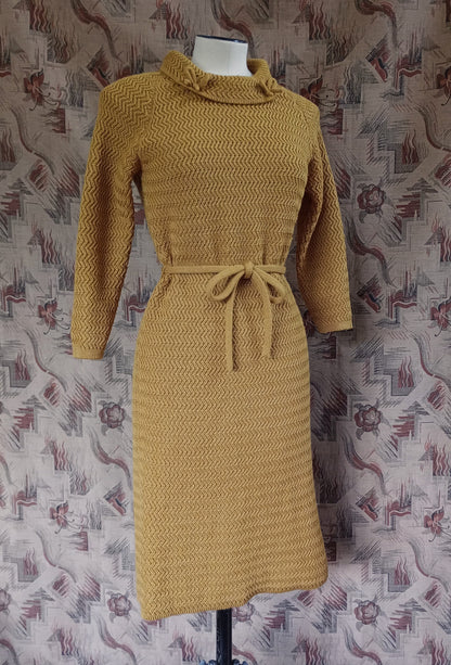 Vintage 1960s Mustard Wool Knitted Dress Zig Zag Knit Wiggle Skirt UK S/M