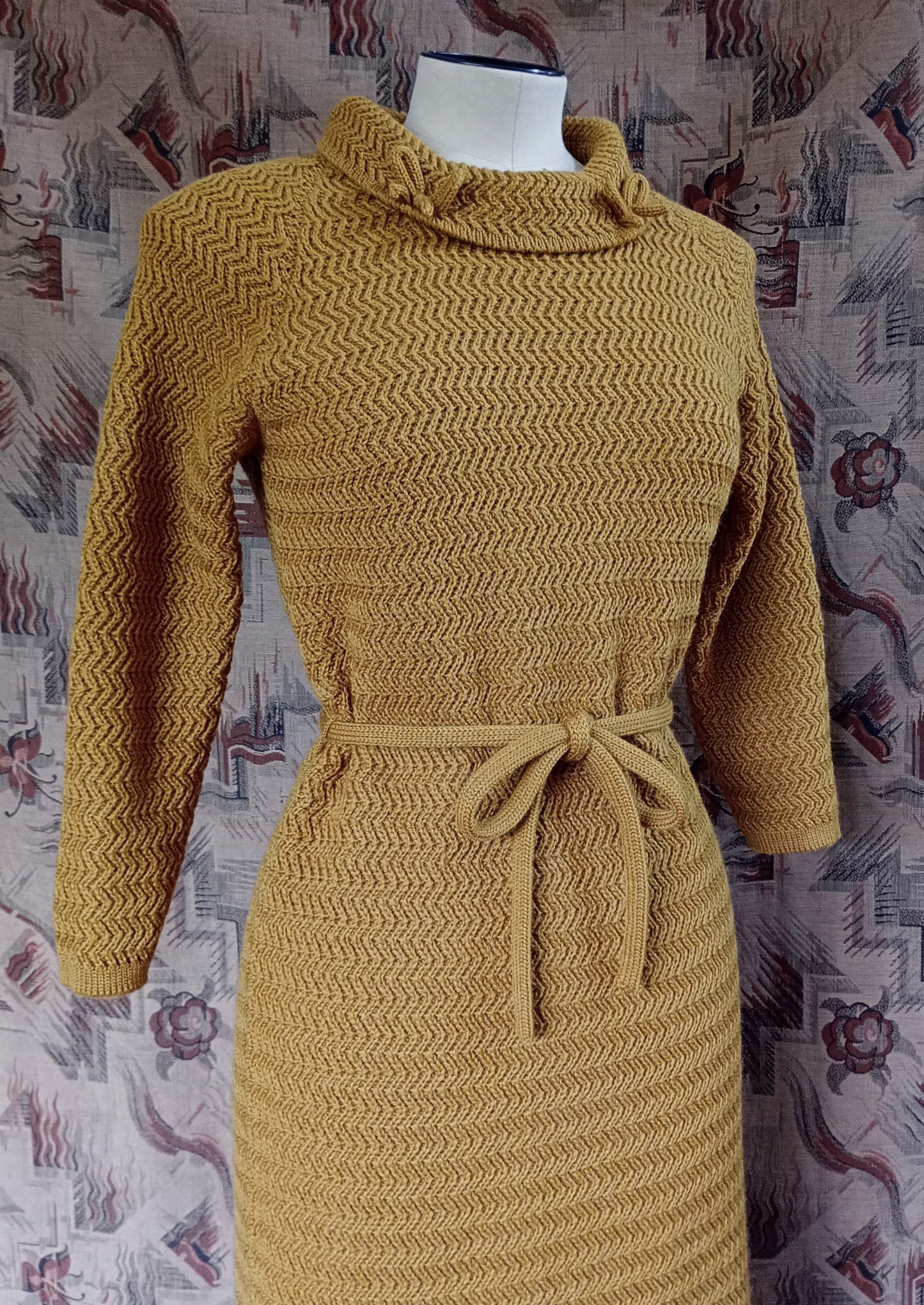 Vintage 1960s Mustard Wool Knitted Dress Zig Zag Knit Wiggle Skirt UK S/M