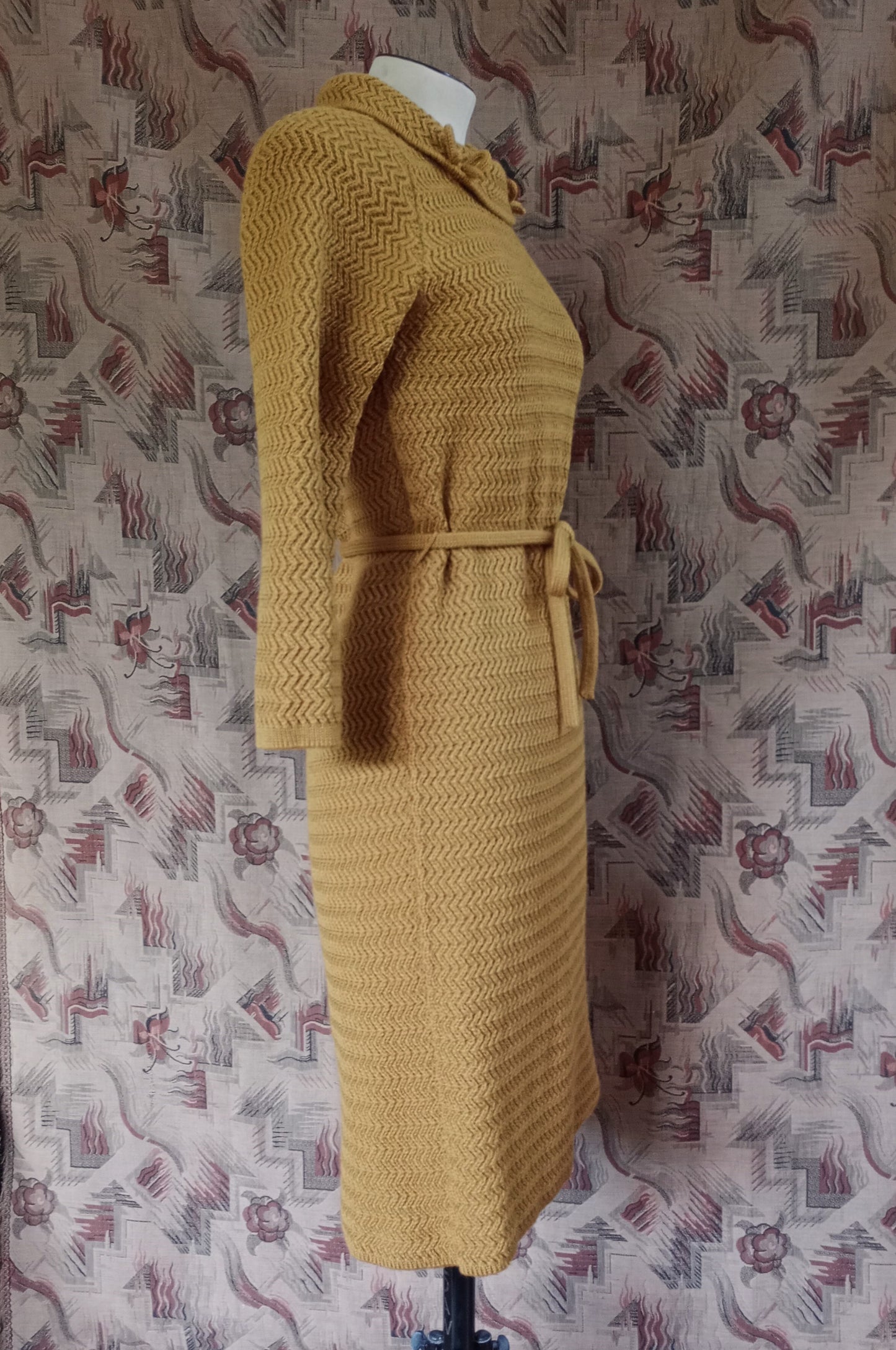 Vintage 1960s Mustard Wool Knitted Dress Zig Zag Knit Wiggle Skirt UK S/M