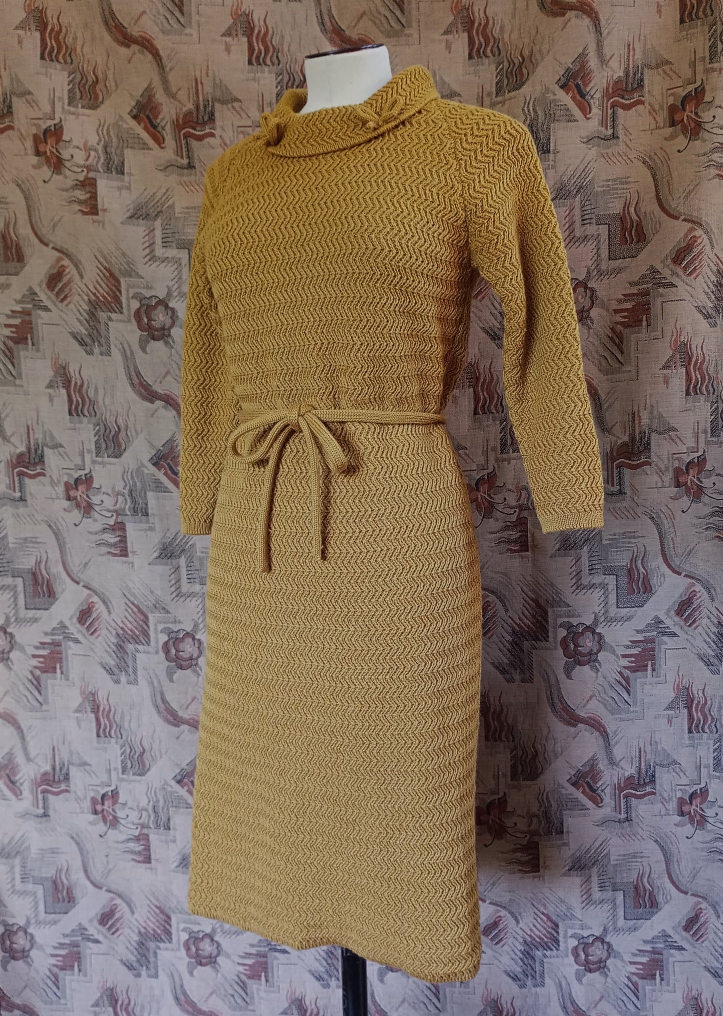 Vintage 1960s Mustard Wool Knitted Dress Zig Zag Knit Wiggle Skirt UK S/M