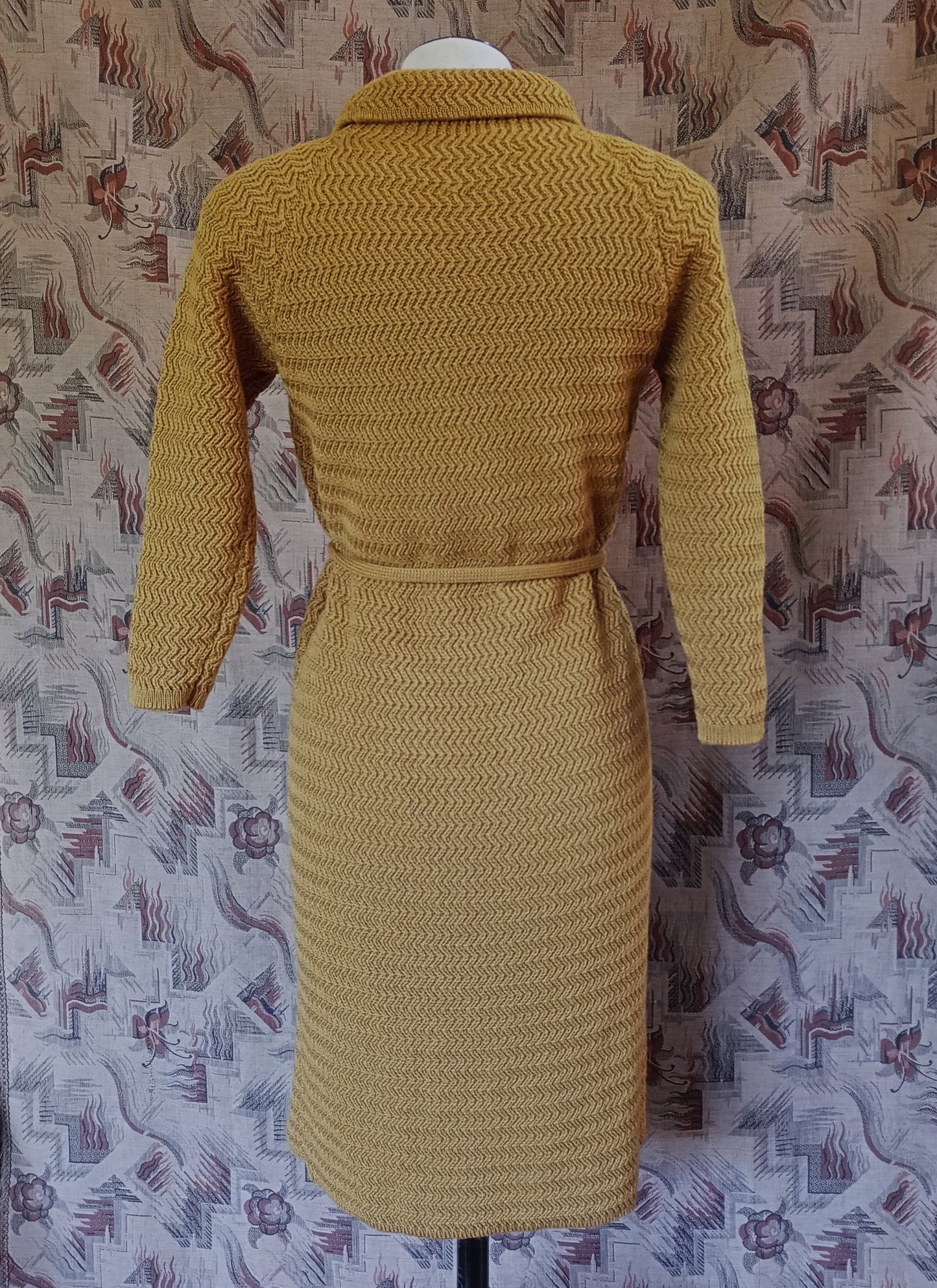 Vintage 1960s Mustard Wool Knitted Dress Zig Zag Knit Wiggle Skirt UK S/M