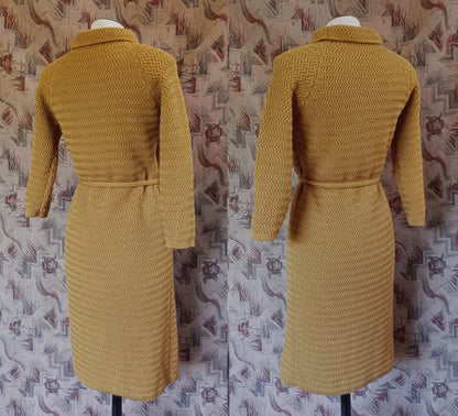 Vintage 1960s Mustard Wool Knitted Dress Zig Zag Knit Wiggle Skirt UK S/M