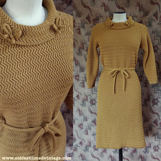 Vintage 1960s Mustard Wool Knitted Dress Zig Zag Knit Wiggle Skirt UK S/M