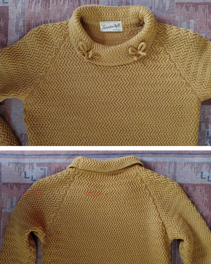 Vintage 1960s Mustard Wool Knitted Dress Zig Zag Knit Wiggle Skirt UK S/M