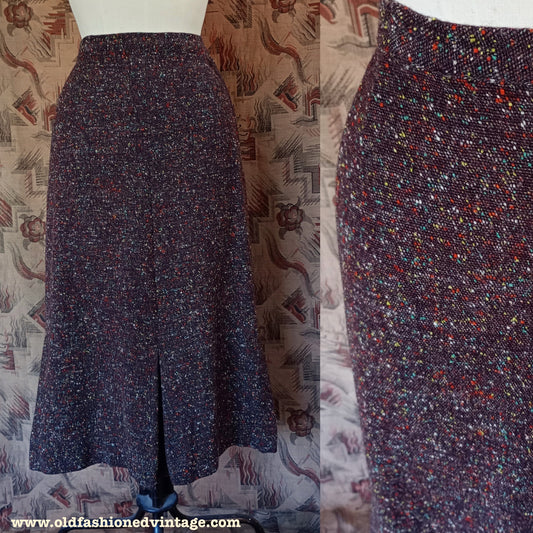 Original Vintage 1950s Skirt Autumnal Atomic Flecked Wool High Waist Pencil UK XS