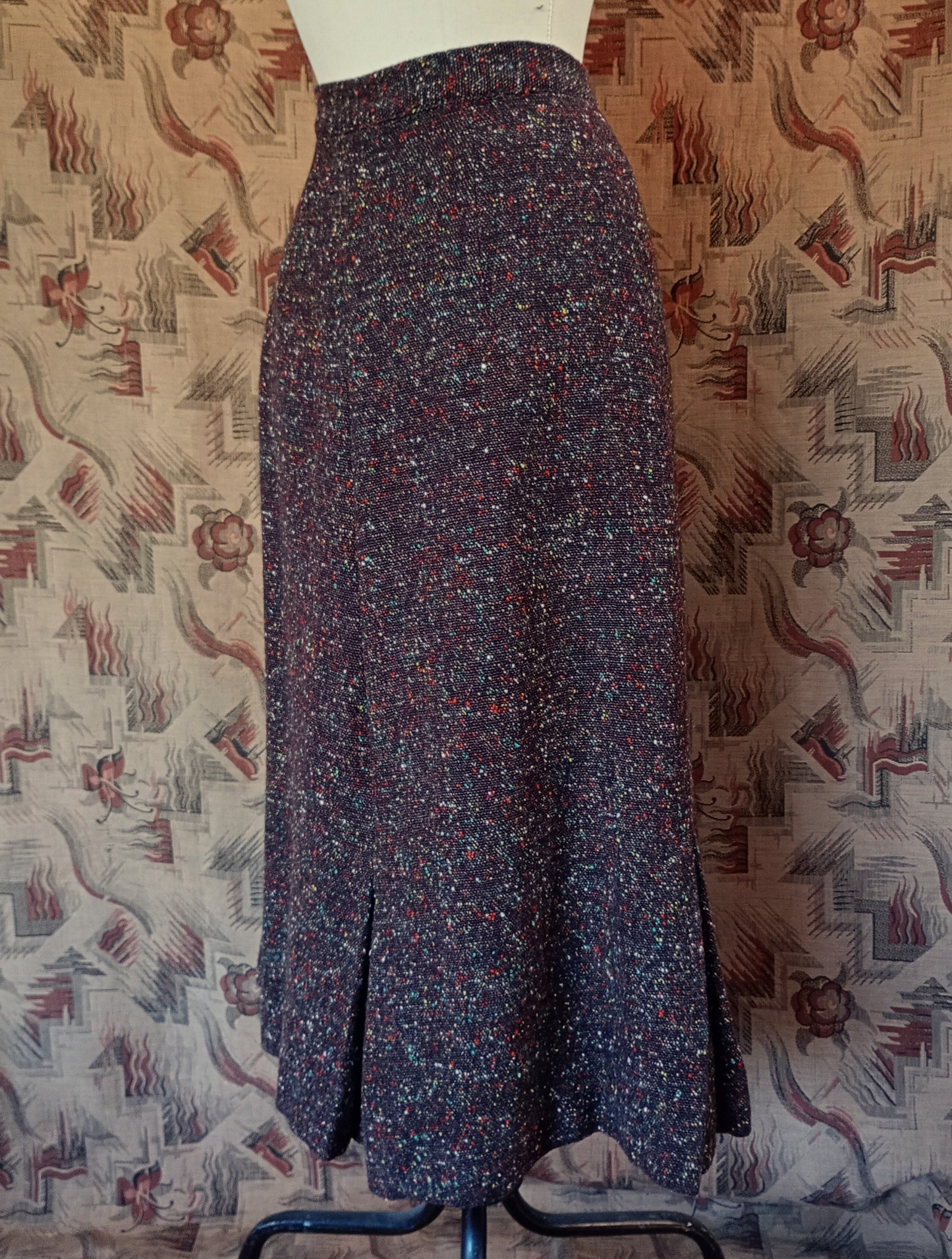 Original Vintage 1950s Skirt Autumnal Atomic Flecked Wool High Waist Pencil UK XS