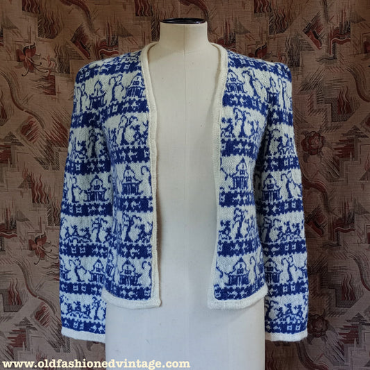 Reproduction 1940s Knitted Cardigan Jacket Fair Isle Willow Pattern UK XS