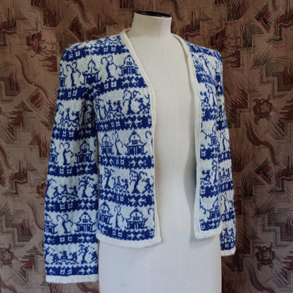 Reproduction 1940s Knitted Cardigan Jacket Fair Isle Willow Pattern UK XS