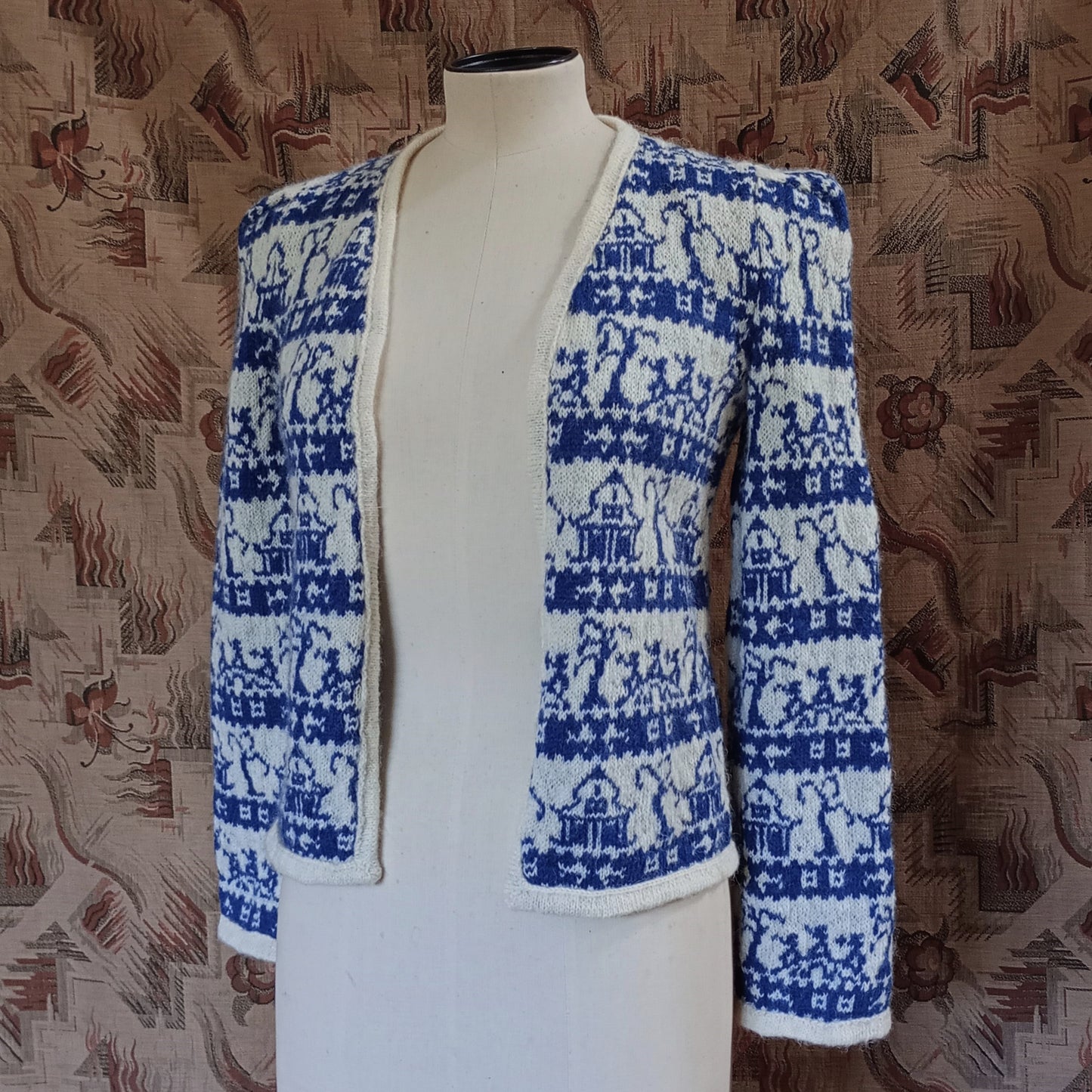 Reproduction 1940s Knitted Cardigan Jacket Fair Isle Willow Pattern UK XS