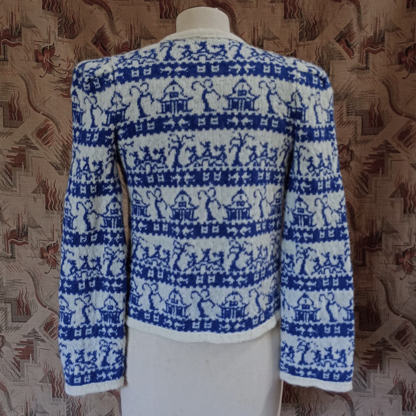 Reproduction 1940s Knitted Cardigan Jacket Fair Isle Willow Pattern UK XS