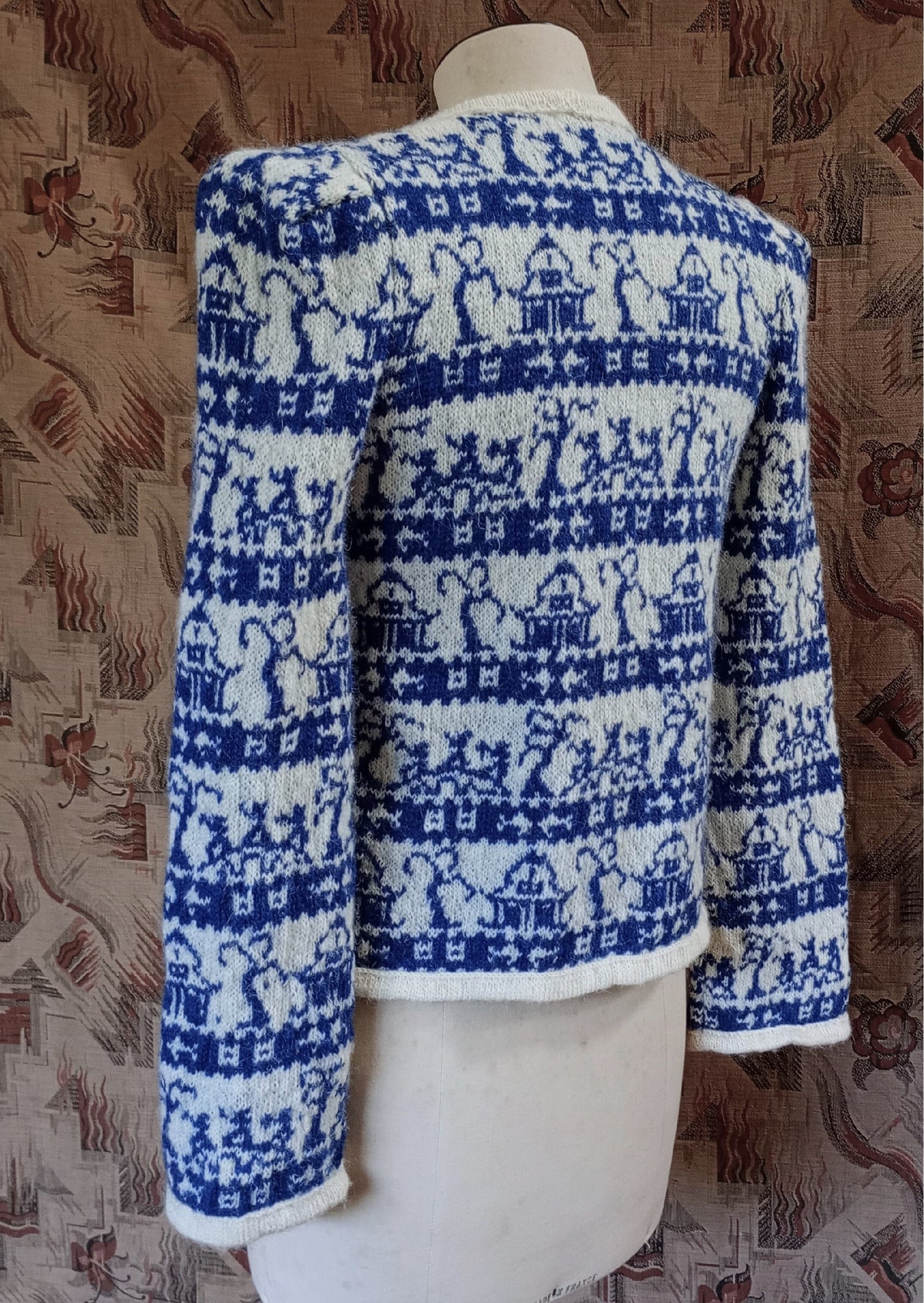 Reproduction 1940s Knitted Cardigan Jacket Fair Isle Willow Pattern UK XS