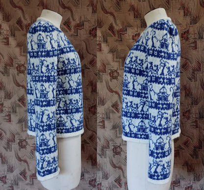 Reproduction 1940s Knitted Cardigan Jacket Fair Isle Willow Pattern UK XS