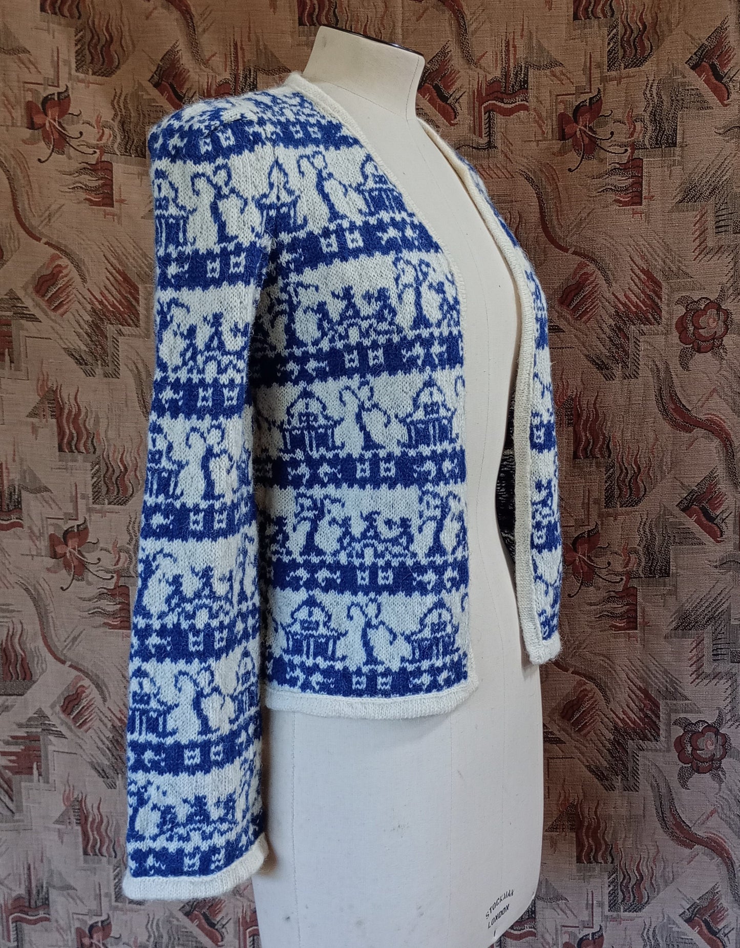 Reproduction 1940s Knitted Cardigan Jacket Fair Isle Willow Pattern UK XS