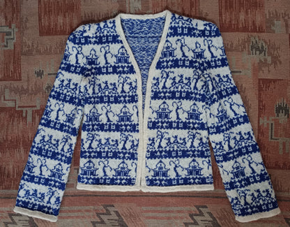 Reproduction 1940s Knitted Cardigan Jacket Fair Isle Willow Pattern UK XS