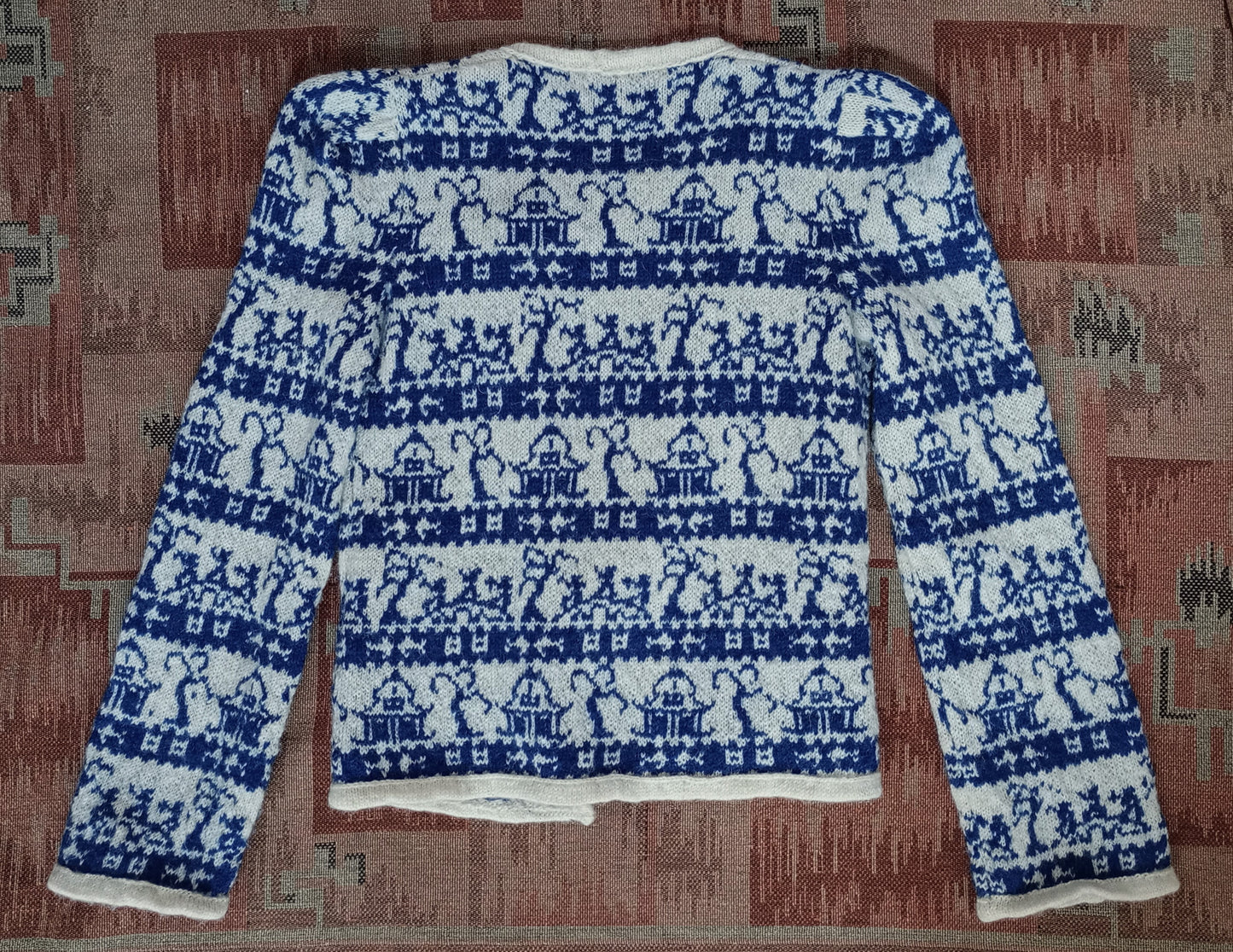 Reproduction 1940s Knitted Cardigan Jacket Fair Isle Willow Pattern UK XS