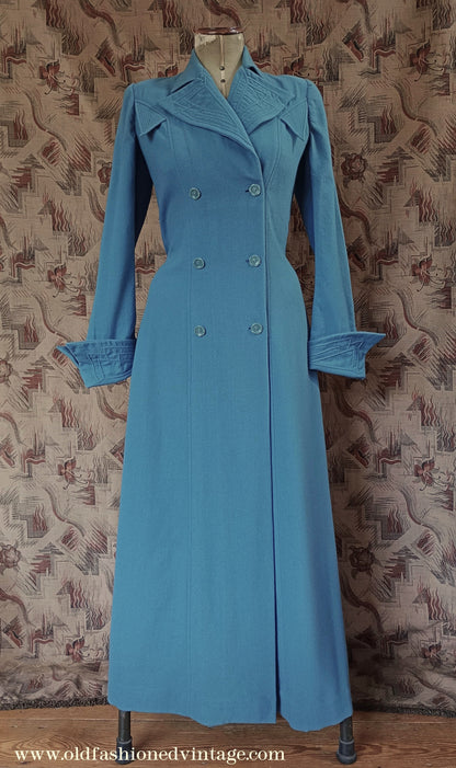 Vintage Unworn 1930s Housecoat Dressing Gown Blue Wool Robe Deco Trapunto UK S