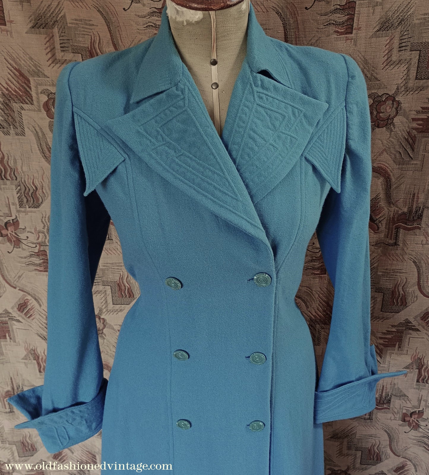 Vintage Unworn 1930s Housecoat Dressing Gown Blue Wool Robe Deco Trapunto UK S