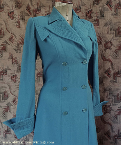 Vintage Unworn 1930s Housecoat Dressing Gown Blue Wool Robe Deco Trapunto UK S