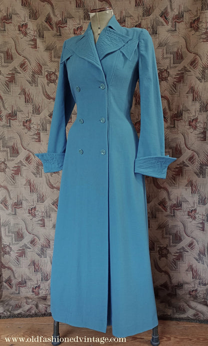 Vintage Unworn 1930s Housecoat Dressing Gown Blue Wool Robe Deco Trapunto UK S